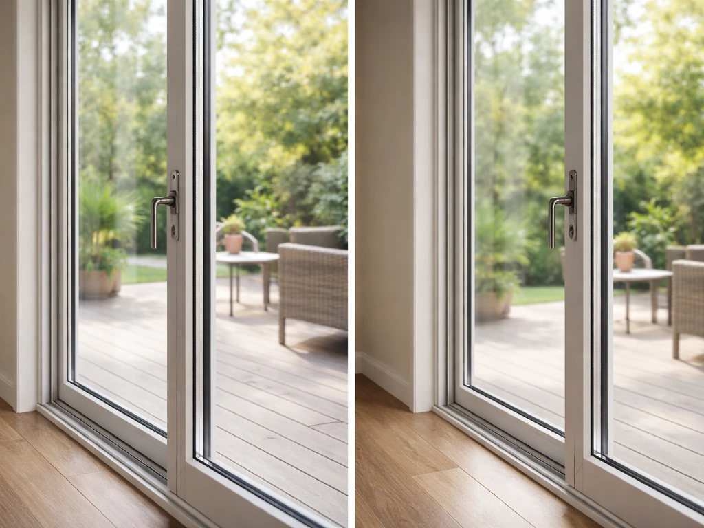 Minimal photo of patio glass doors with soft reflections, daylight, and a close view of the frame.