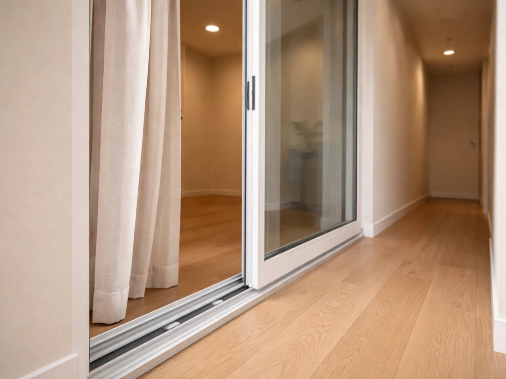 Sliding patio door panels gliding on tracks in a tight indoor space, with open walkway clearance