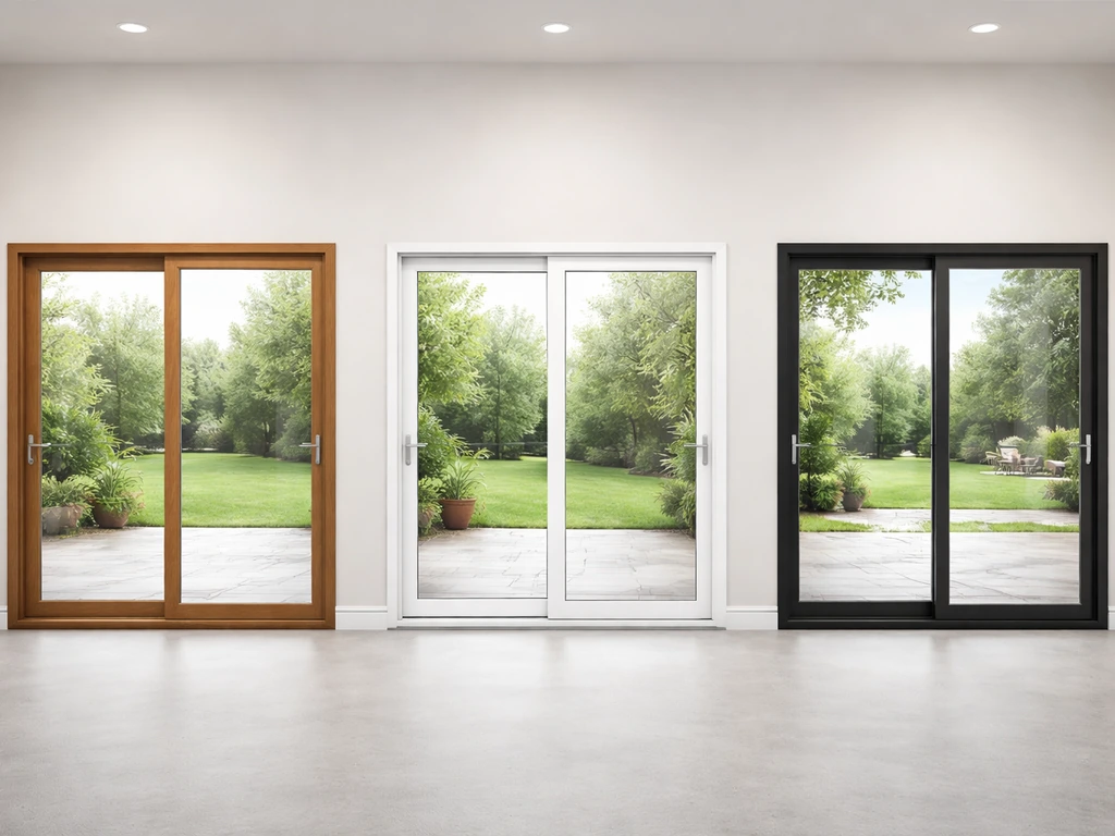 Three patio doors in a tiered showroom lineup showing different frame materials and glass looks.