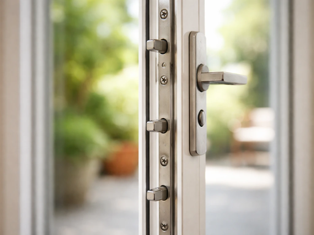 Close-up of a patio glass door edge with multi-point locks engaged at top, middle, and bottom.