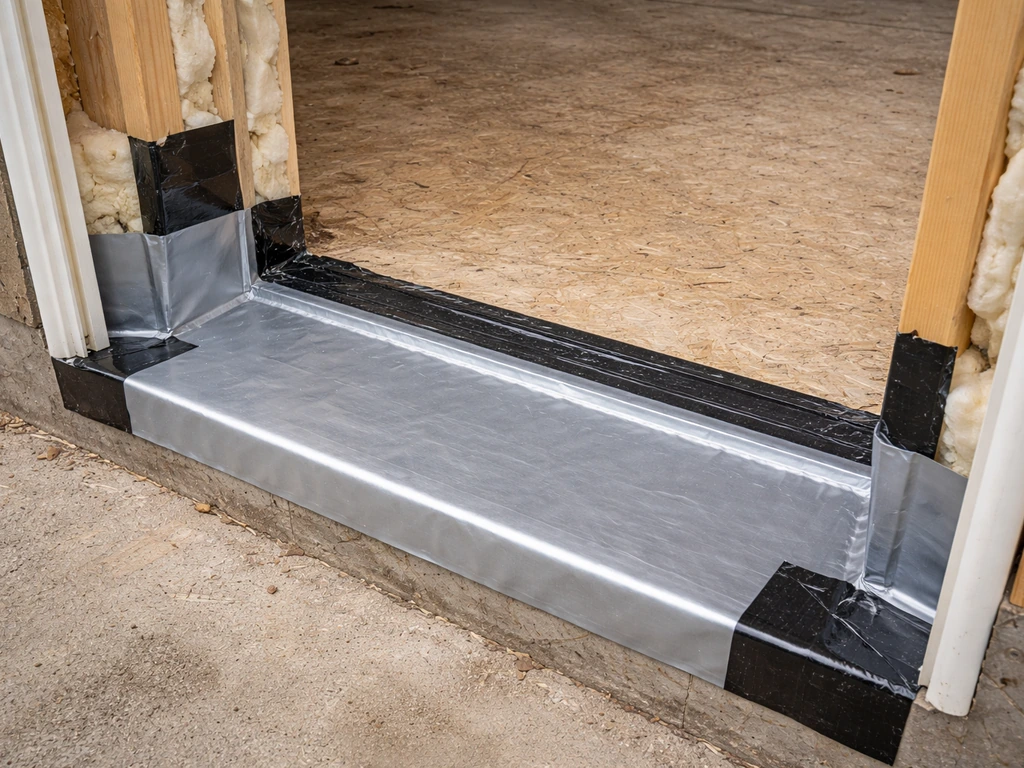 Close-up of a patio door rough opening showing sill pan flashing, flashing tape, and insulation layers.