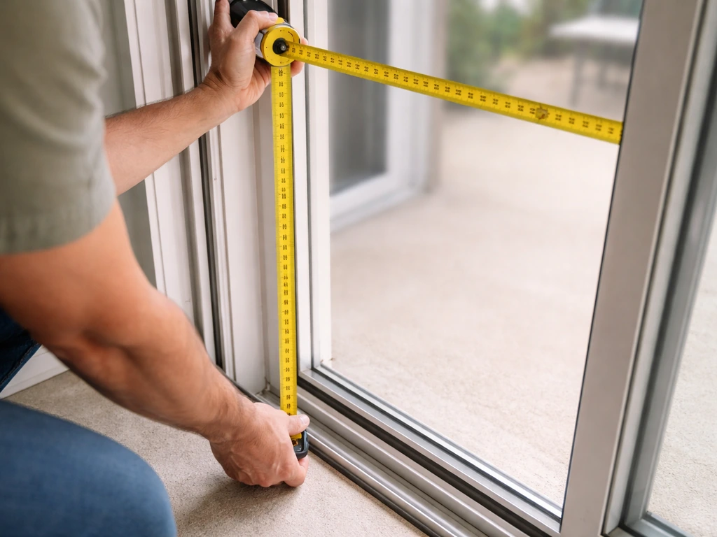 Person measuring a patio door in place with a tape measure next to the door frame and track area