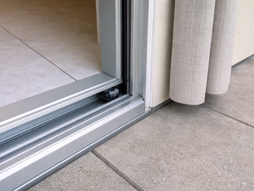 Close-up of sliding patio door track and reveal with a simple treatment mounted to clear the opening path.