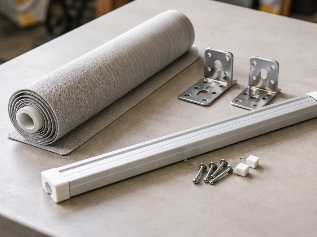 Patio door mounting hardware and roller track components laid out on a workbench.