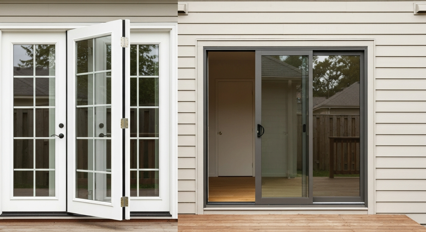 Comparison exterior image: white double French hinged patio doors beside a dark aluminum two-panel sliding patio door, photographed on a home rear facade.