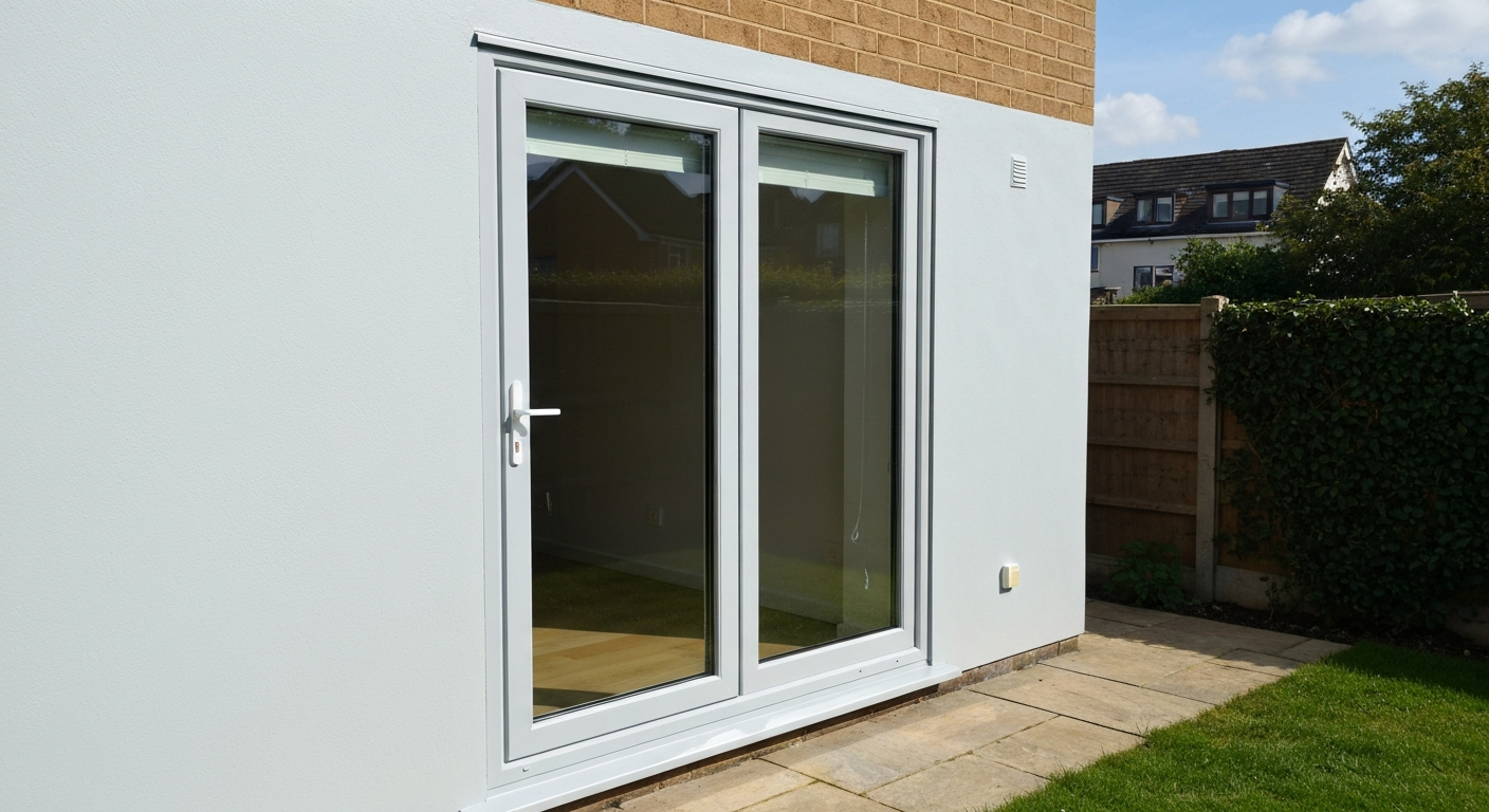 Freshly painted mid-grey uPVC patio sliding door with smooth satin finish in a sunlit backyard.