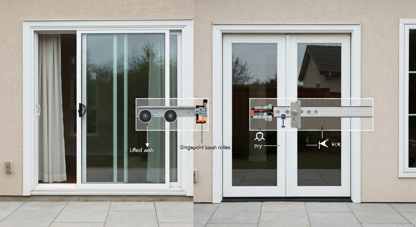 Split-scene photorealistic view comparing a sliding patio door (left) and French double doors (right) with cutaway overlays showing a single-point latch on the slider and a multipoint lock on the French door.