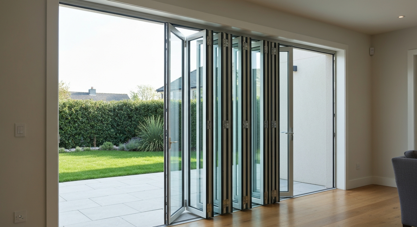 Modern aluminum accordion patio doors folded open to a backyard, showing indoor-outdoor living and slim-frame glass panels.